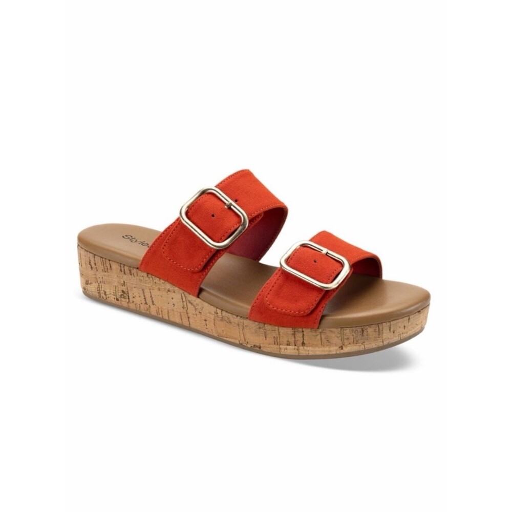 Style & Co Temppestt Double Buckle Cork Wedge Slide Sandals Orange 6.5 NEW